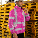 Hi Vis Jacket Waterproof Reflective Tapes Pink Neon Flowers Custom Name Safety Workwear For Workers, Truckers, Operators