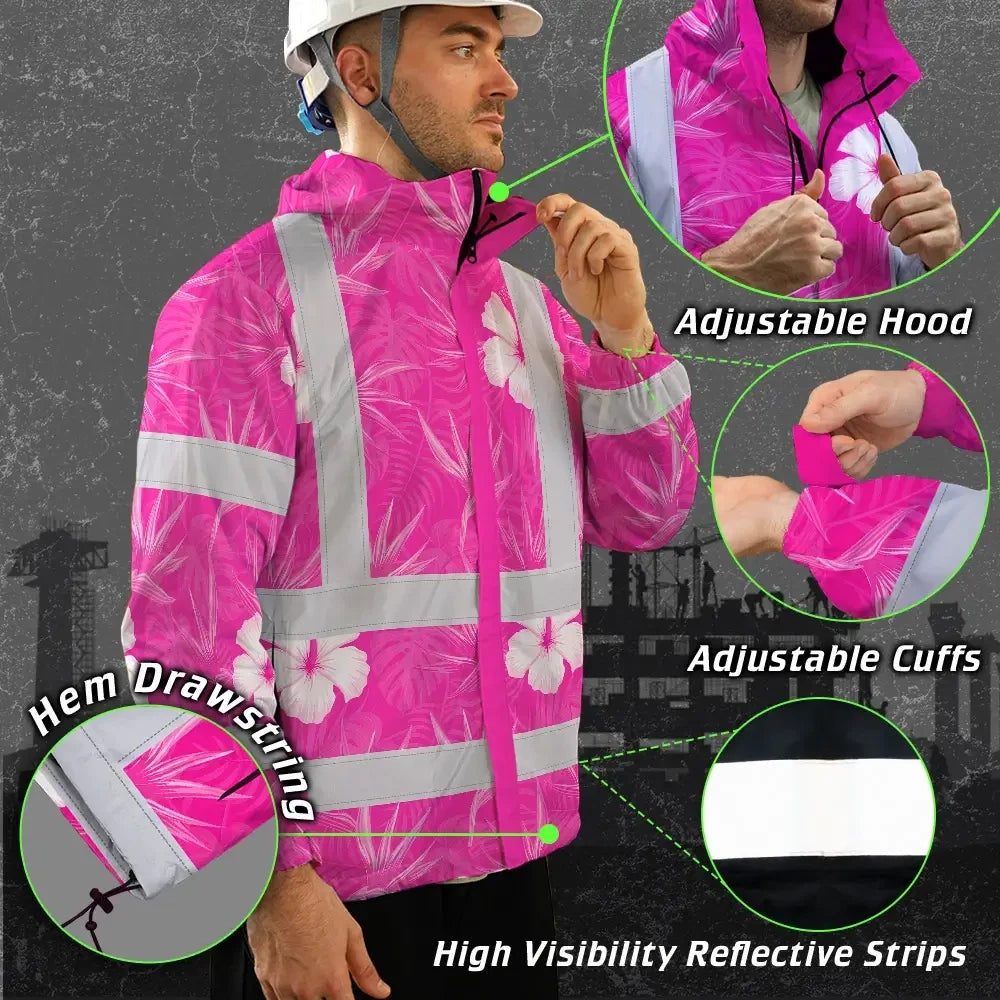 Hi Vis Jacket Waterproof Reflective Tapes Pink Neon Flowers Custom Name Safety Workwear For Workers, Truckers, Operators