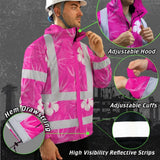Hi Vis Jacket Waterproof Reflective Tapes Pink Neon Flowers Custom Name Safety Workwear For Workers, Truckers, Operators