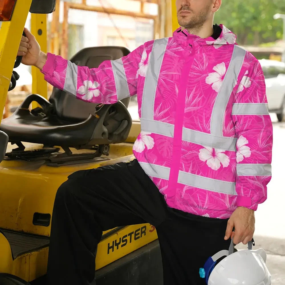 Hi Vis Jacket Waterproof Reflective Tapes Pink Neon Flowers Custom Name Safety Workwear For Workers, Truckers, Operators