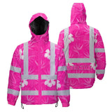 Hi Vis Jacket Waterproof Reflective Tapes Pink Neon Flowers Custom Name Safety Workwear For Workers, Truckers, Operators