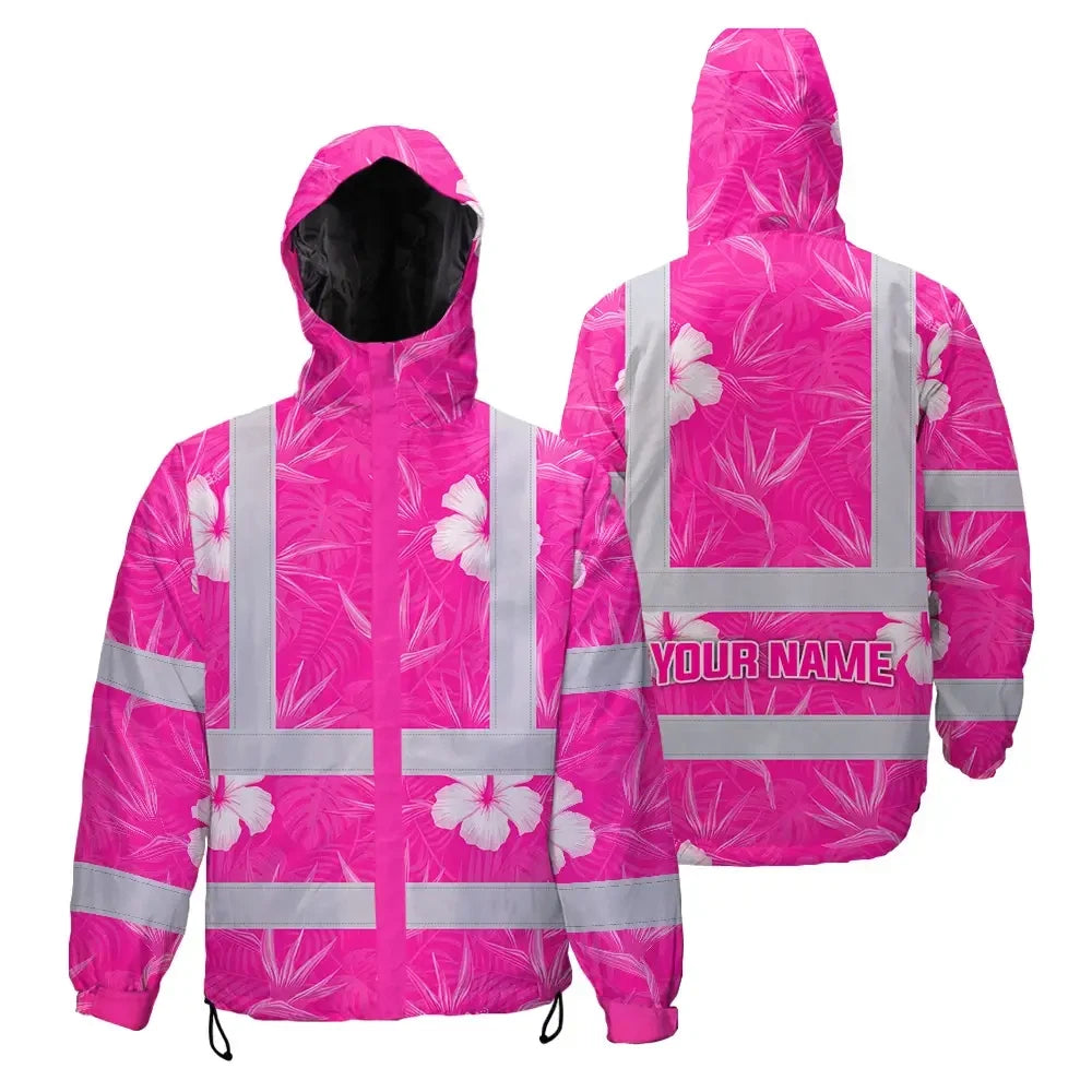 Hi Vis Jacket Waterproof Reflective Tapes Pink Neon Flowers Custom Name Safety Workwear For Workers, Truckers, Operators