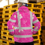 Hi Vis Jacket Waterproof Reflective Tapes Pink Neon Flowers Custom Name Safety Workwear For Workers, Truckers, Operators