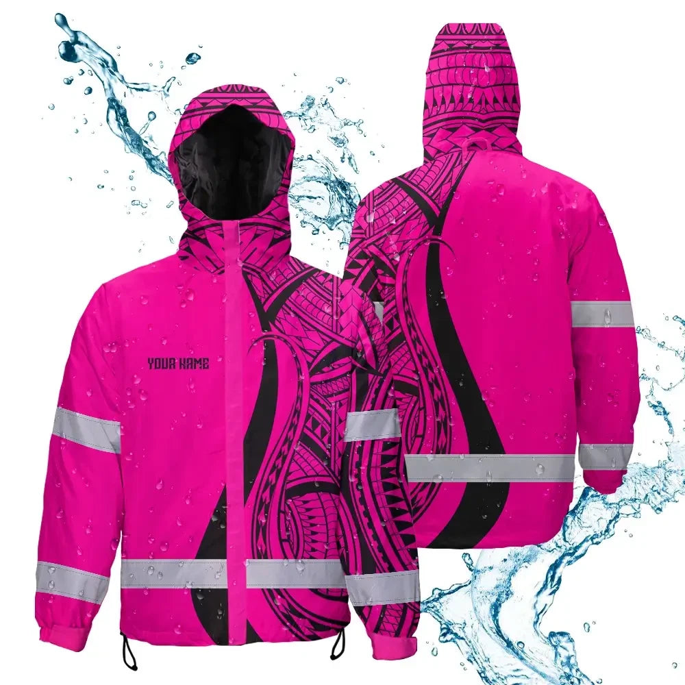 Hi Vis Jacket Waterproof Reflective Tapes Pink Neon Hawaii Custom Name Safety Workwear For Workers, Truckers, Operators