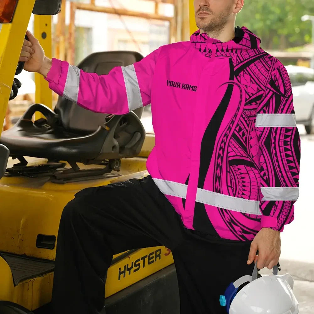 Hi Vis Jacket Waterproof Reflective Tapes Pink Neon Hawaii Custom Name Safety Workwear For Workers, Truckers, Operators