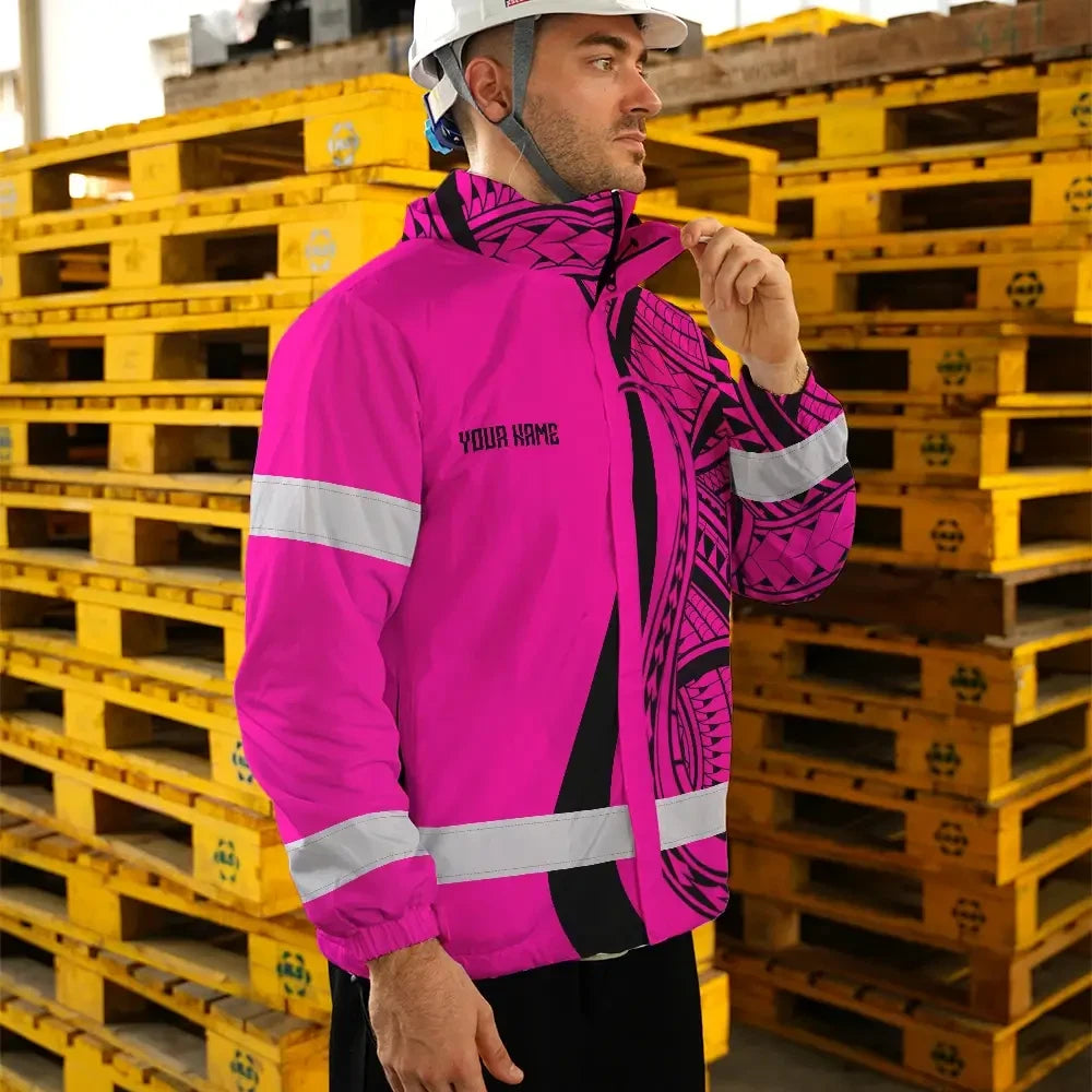Hi Vis Jacket Waterproof Reflective Tapes Pink Neon Hawaii Custom Name Safety Workwear For Workers, Truckers, Operators