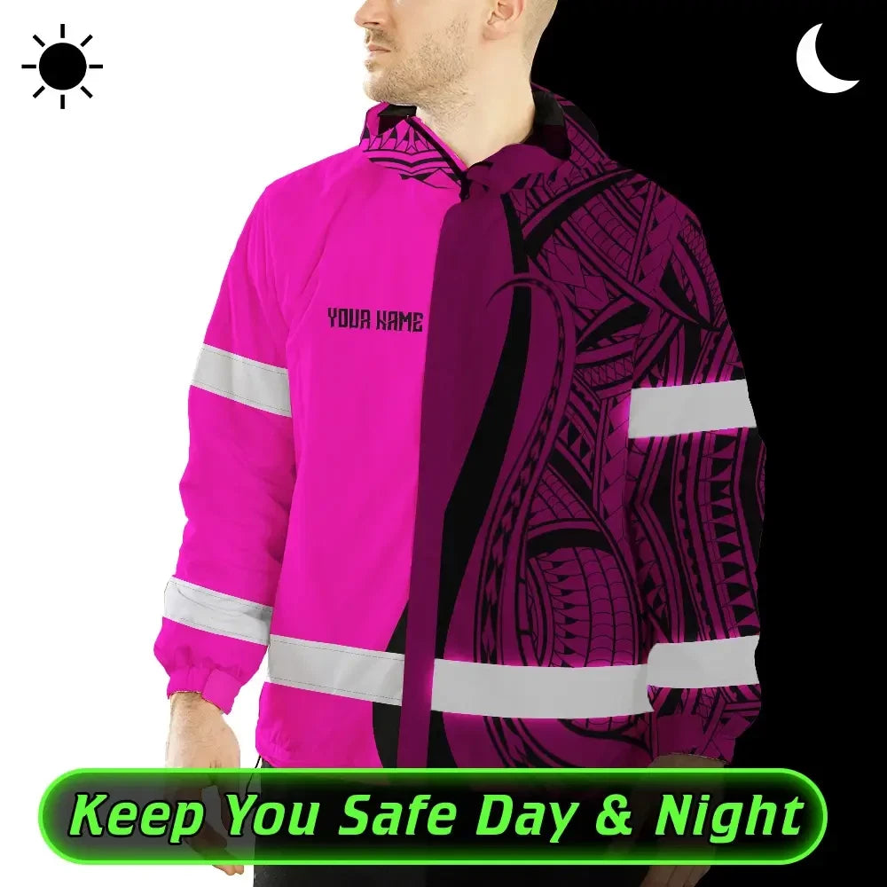 Hi Vis Jacket Waterproof Reflective Tapes Pink Neon Hawaii Custom Name Safety Workwear For Workers, Truckers, Operators