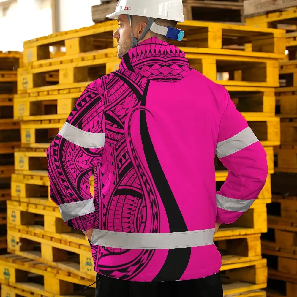 Hi Vis Jacket Waterproof Reflective Tapes Pink Neon Hawaii Custom Name Safety Workwear For Workers, Truckers, Operators