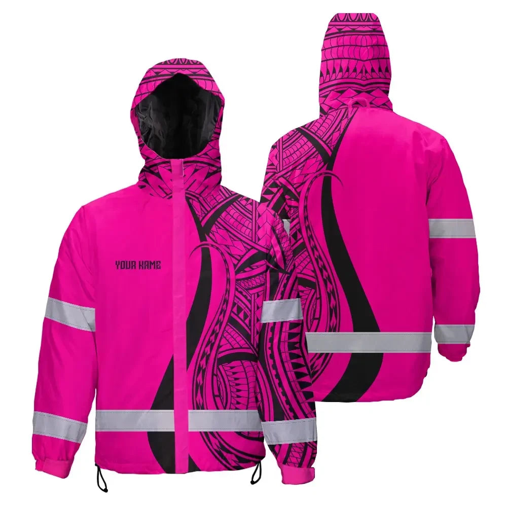 Hi Vis Jacket Waterproof Reflective Tapes Pink Neon Hawaii Custom Name Safety Workwear For Workers, Truckers, Operators