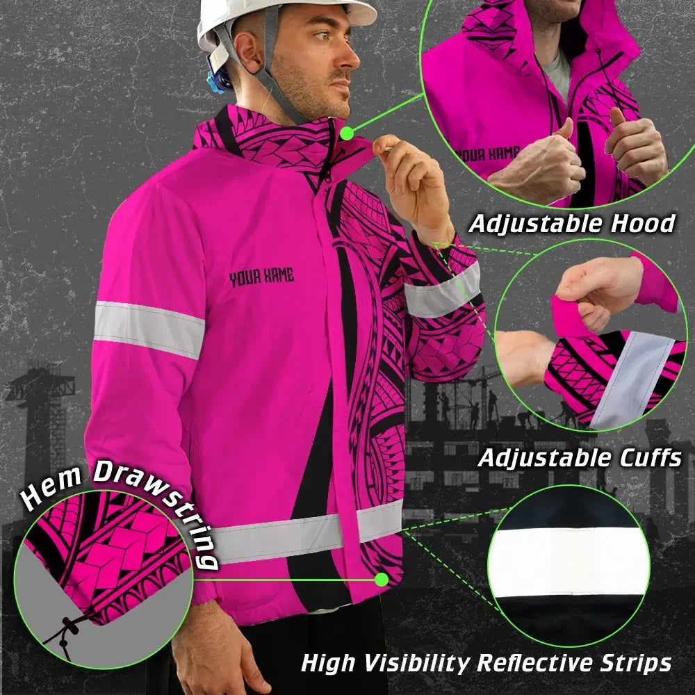 Hi Vis Jacket Waterproof Reflective Tapes Pink Neon Hawaii Custom Name Safety Workwear For Workers, Truckers, Operators