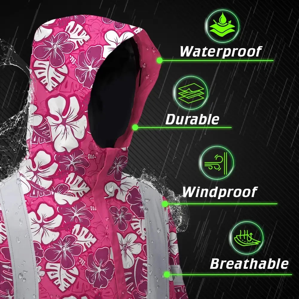 Hi Vis Jacket Waterproof Reflective Tapes Pink Violet Flowers Custom Name Safety Workwear For Workers, Truckers, Operators