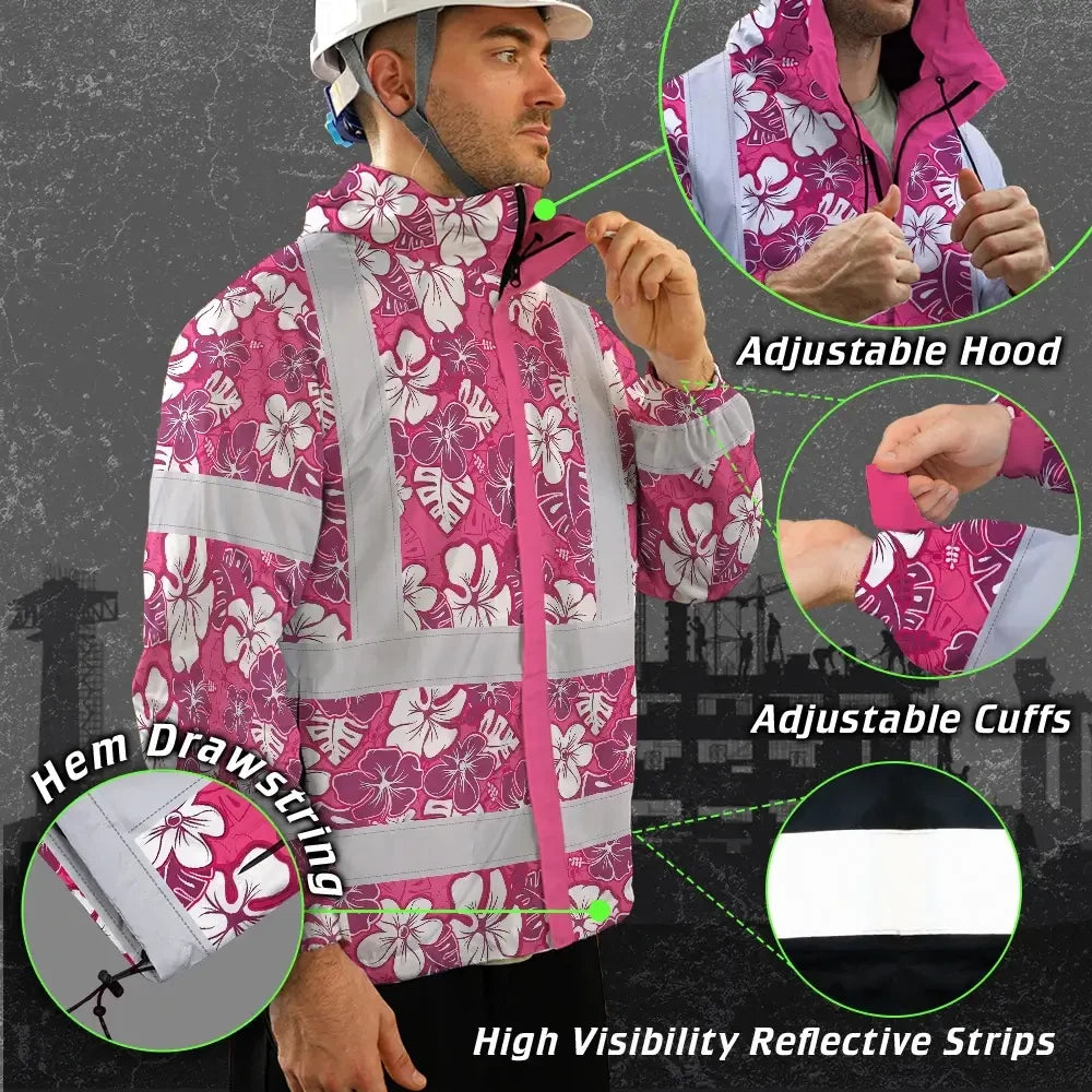 Hi Vis Jacket Waterproof Reflective Tapes Pink Violet Flowers Custom Name Safety Workwear For Workers, Truckers, Operators