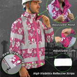 Hi Vis Jacket Waterproof Reflective Tapes Pink Violet Flowers Custom Name Safety Workwear For Workers, Truckers, Operators