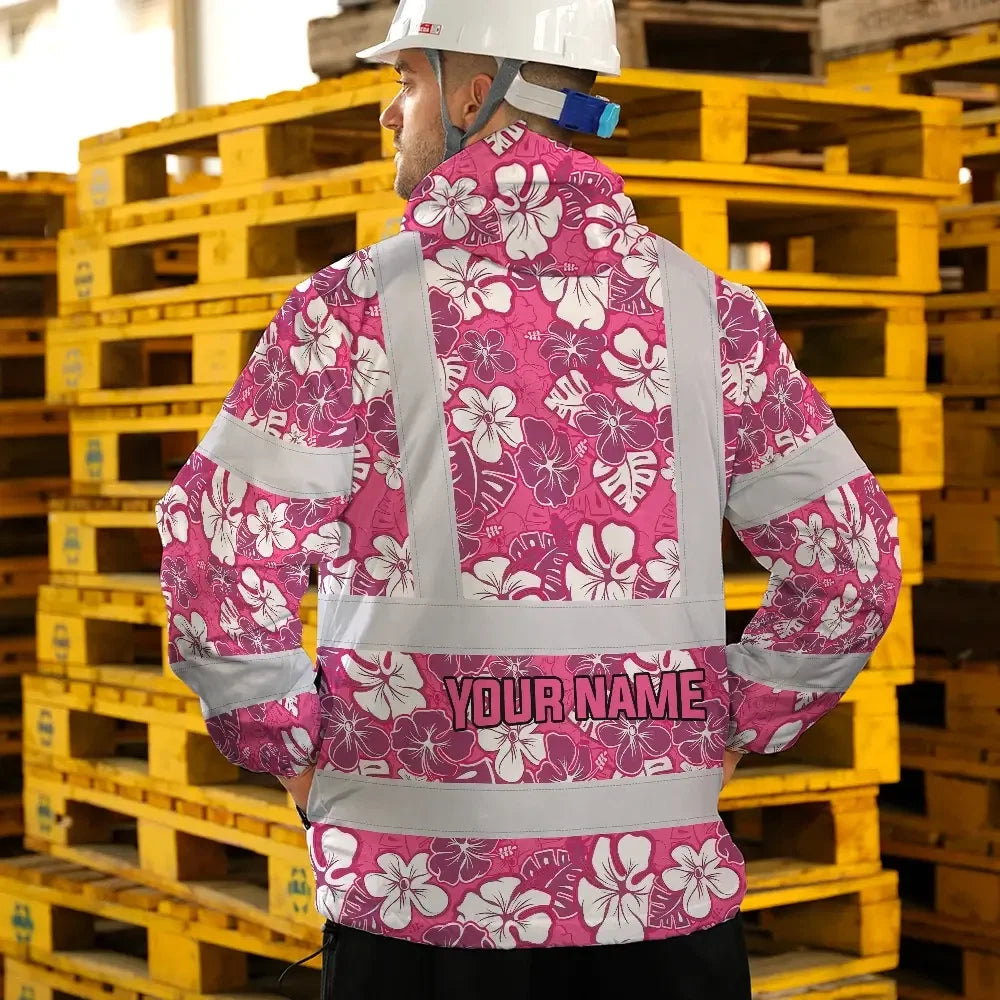 Hi Vis Jacket Waterproof Reflective Tapes Pink Violet Flowers Custom Name Safety Workwear For Workers, Truckers, Operators