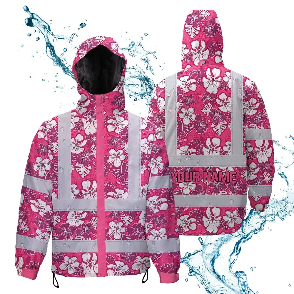 Hi Vis Jacket Waterproof Reflective Tapes Pink Violet Flowers Custom Name Safety Workwear For Workers, Truckers, Operators