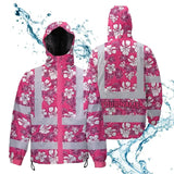 Hi Vis Jacket Waterproof Reflective Tapes Pink Violet Flowers Custom Name Safety Workwear For Workers, Truckers, Operators