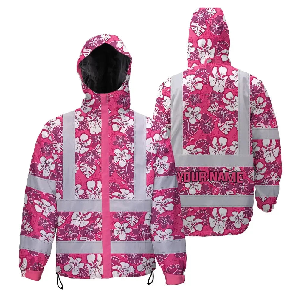 Hi Vis Jacket Waterproof Reflective Tapes Pink Violet Flowers Custom Name Safety Workwear For Workers, Truckers, Operators
