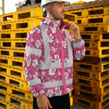 Hi Vis Jacket Waterproof Reflective Tapes Pink Violet Flowers Custom Name Safety Workwear For Workers, Truckers, Operators