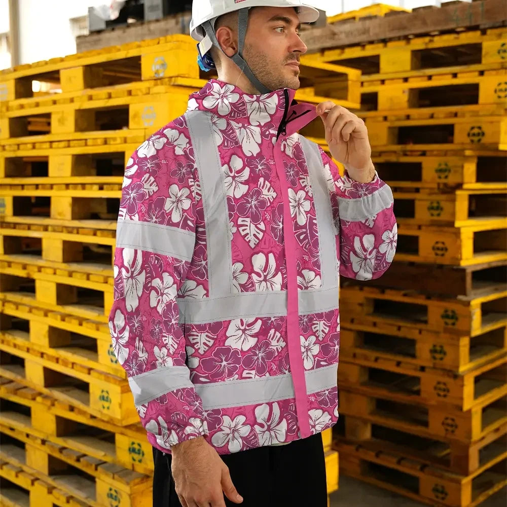 Hi Vis Jacket Waterproof Reflective Tapes Pink Violet Flowers Custom Name Safety Workwear For Workers, Truckers, Operators