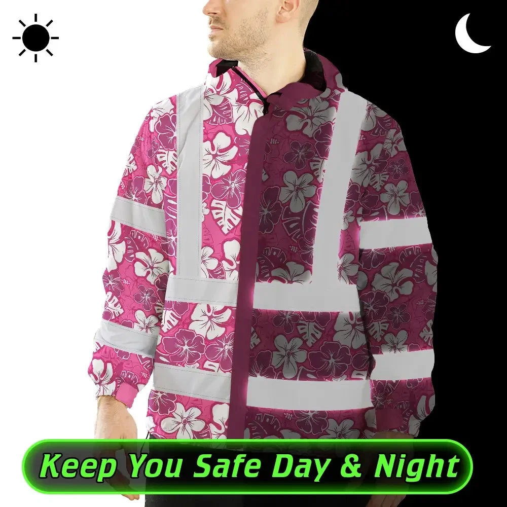 Hi Vis Jacket Waterproof Reflective Tapes Pink Violet Flowers Custom Name Safety Workwear For Workers, Truckers, Operators