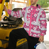 Hi Vis Jacket Waterproof Reflective Tapes Pink Violet Flowers Custom Name Safety Workwear For Workers, Truckers, Operators