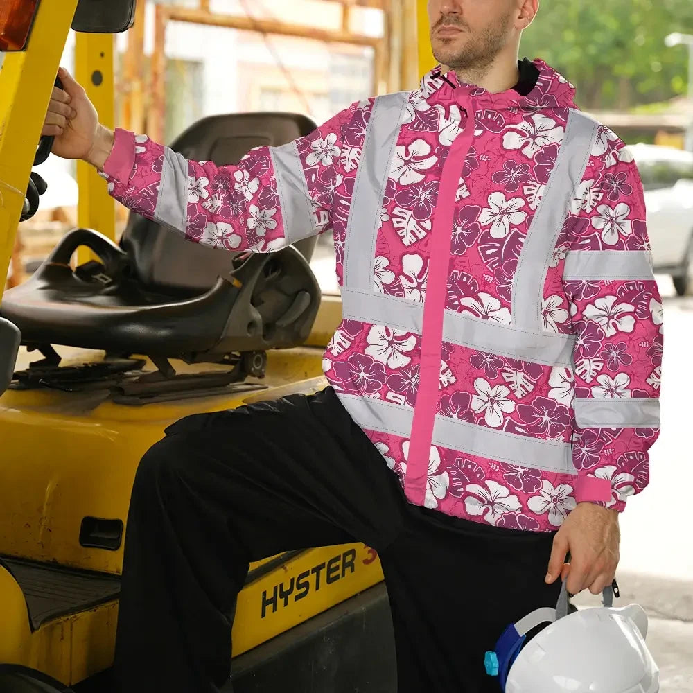 Hi Vis Jacket Waterproof Reflective Tapes Pink Violet Flowers Custom Name Safety Workwear For Workers, Truckers, Operators
