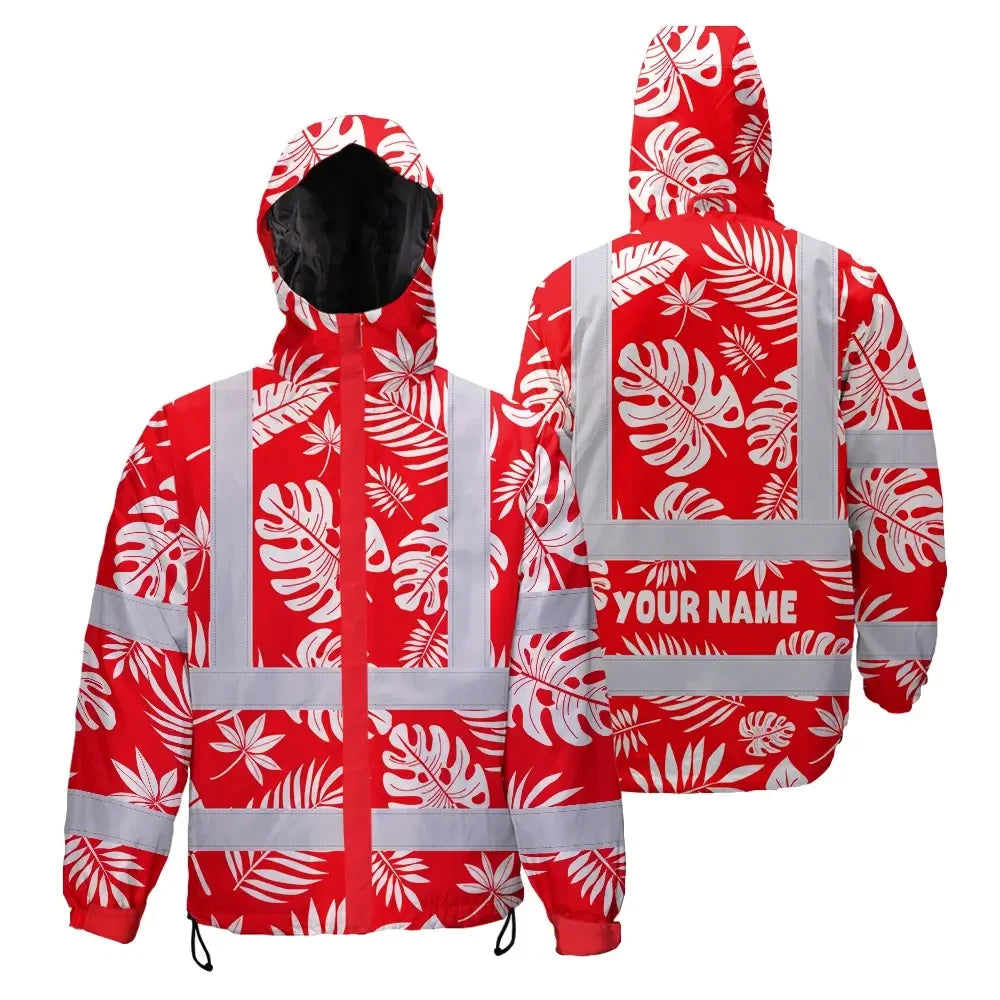 Hi Vis Jacket Waterproof Reflective Tapes Red Neon Flowers Custom Name Safety Workwear For Workers, Truckers, Operators