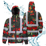 Hi Vis Jacket Waterproof Reflective Tapes Red Neon Flowers Custom Name Safety Workwear For Workers, Truckers, Operators