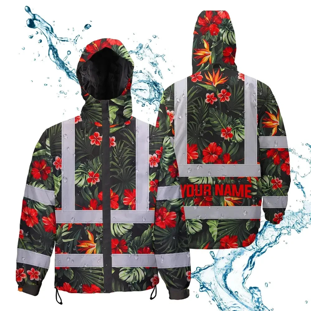 Hi Vis Jacket Waterproof Reflective Tapes Red Neon Flowers Custom Name Safety Workwear For Workers, Truckers, Operators
