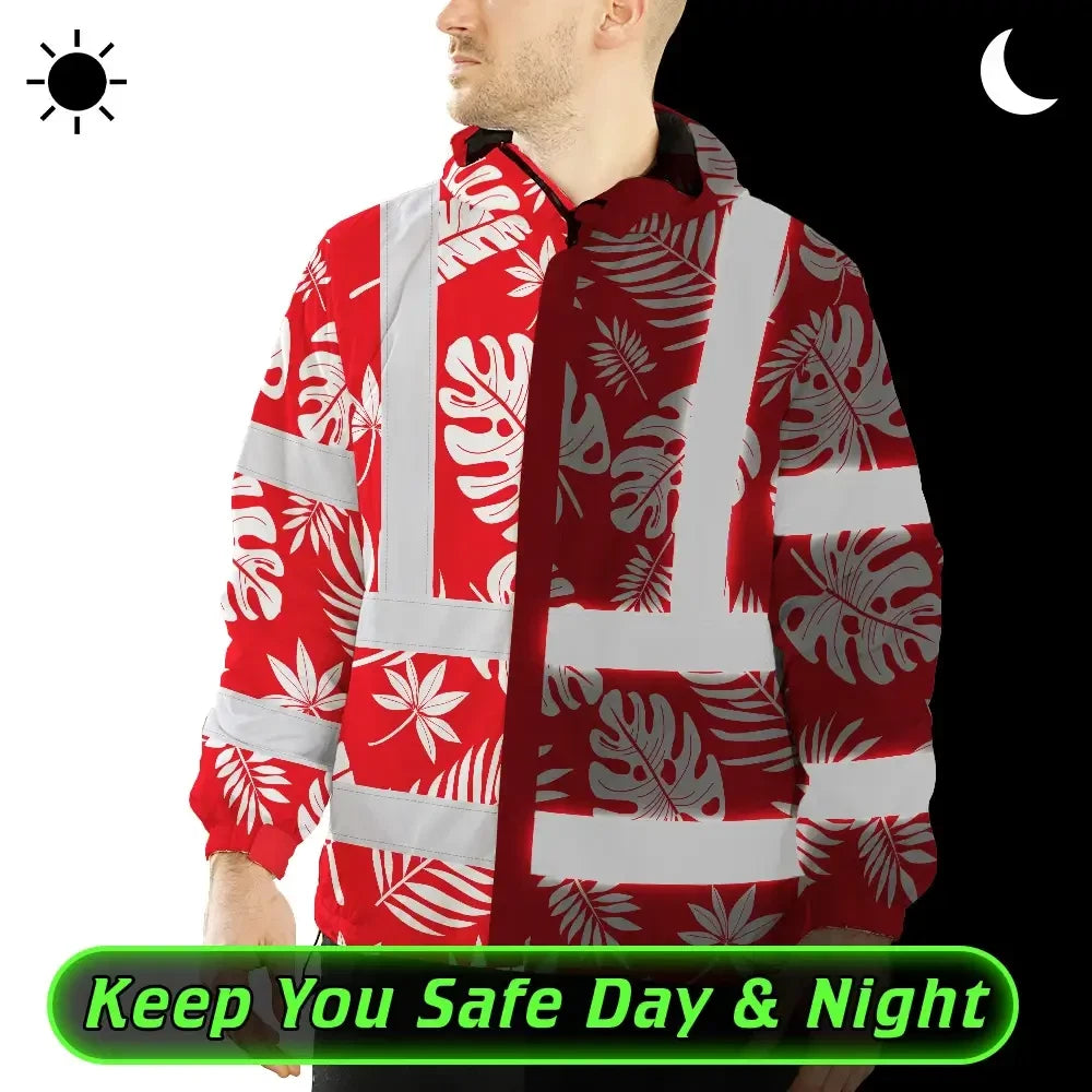 Hi Vis Jacket Waterproof Reflective Tapes Red Neon Flowers Custom Name Safety Workwear For Workers, Truckers, Operators