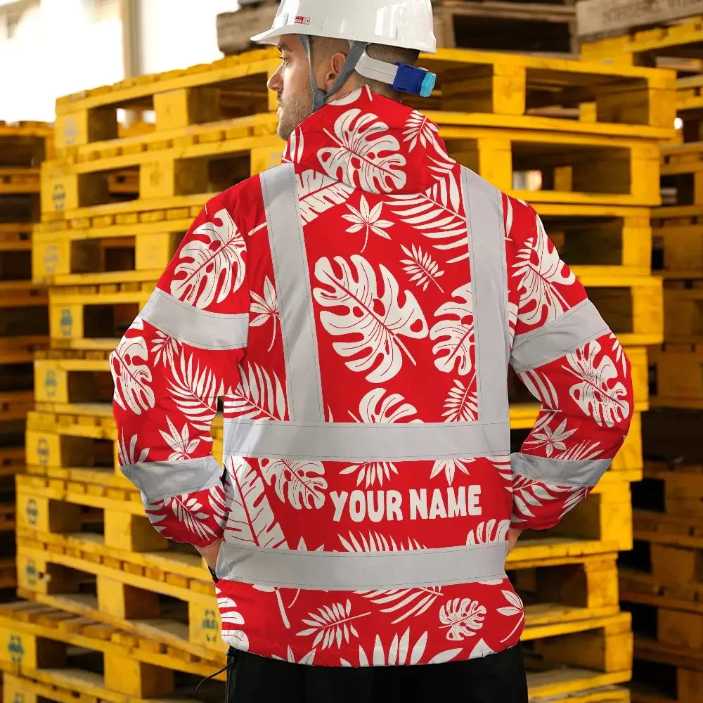 Hi Vis Jacket Waterproof Reflective Tapes Red Neon Flowers Custom Name Safety Workwear For Workers, Truckers, Operators
