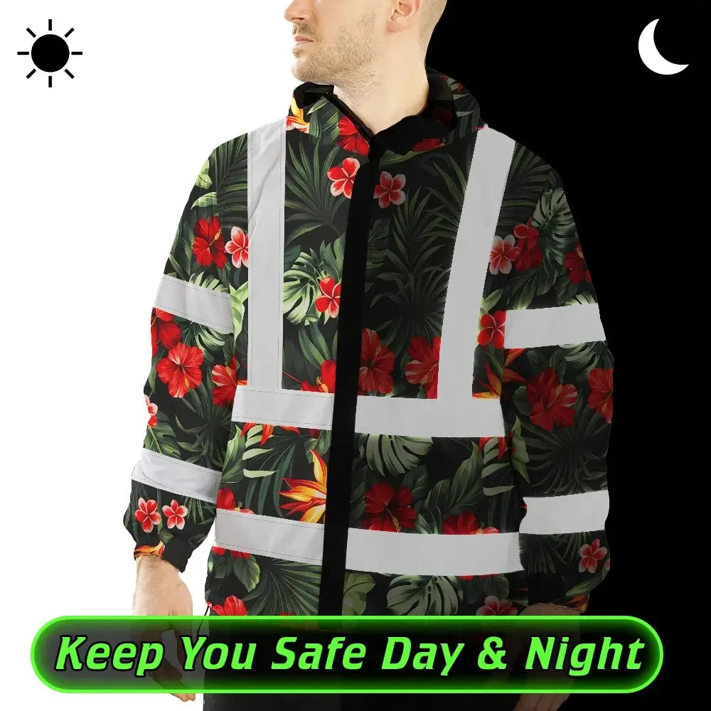 Hi Vis Jacket Waterproof Reflective Tapes Red Neon Flowers Custom Name Safety Workwear For Workers, Truckers, Operators