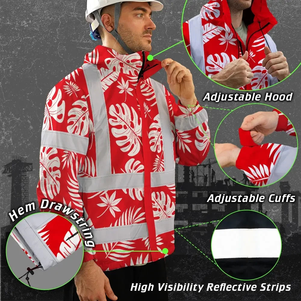Hi Vis Jacket Waterproof Reflective Tapes Red Neon Flowers Custom Name Safety Workwear For Workers, Truckers, Operators