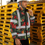 Hi Vis Jacket Waterproof Reflective Tapes Red Neon Flowers Custom Name Safety Workwear For Workers, Truckers, Operators