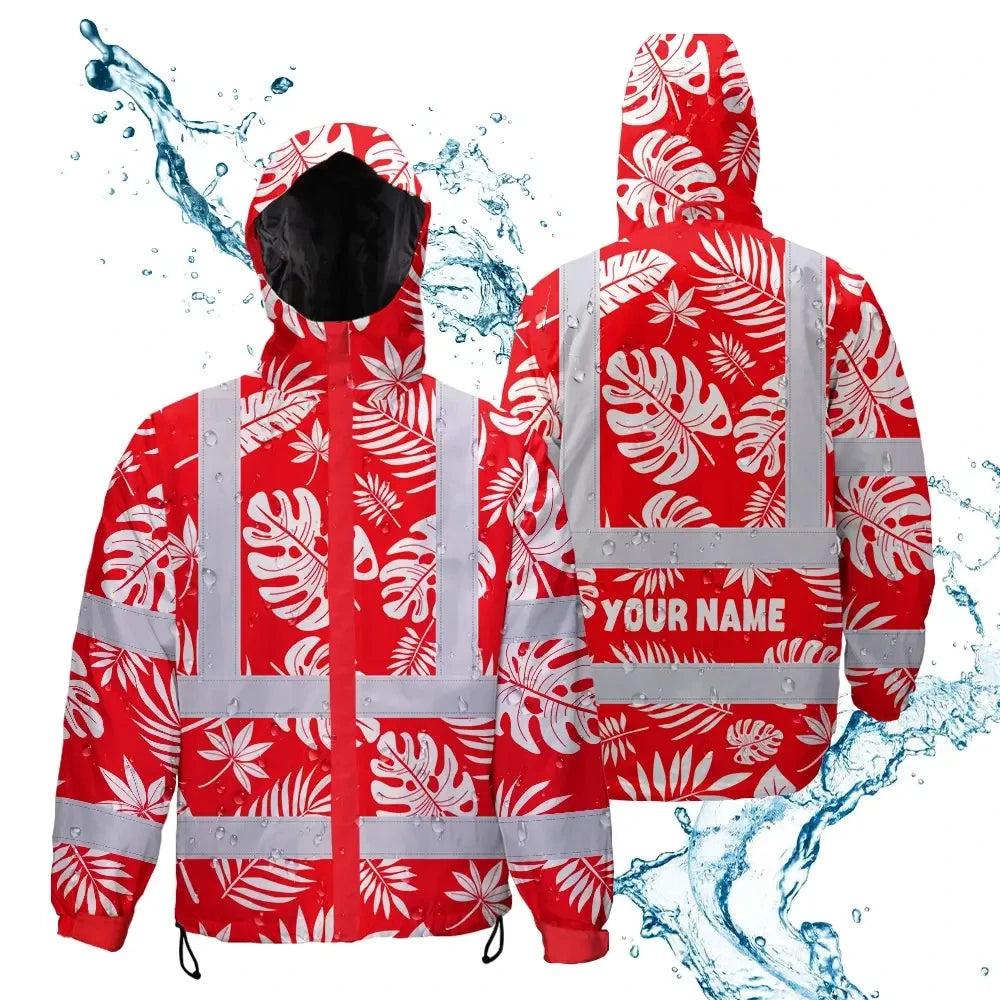 Hi Vis Jacket Waterproof Reflective Tapes Red Neon Flowers Custom Name Safety Workwear For Workers, Truckers, Operators