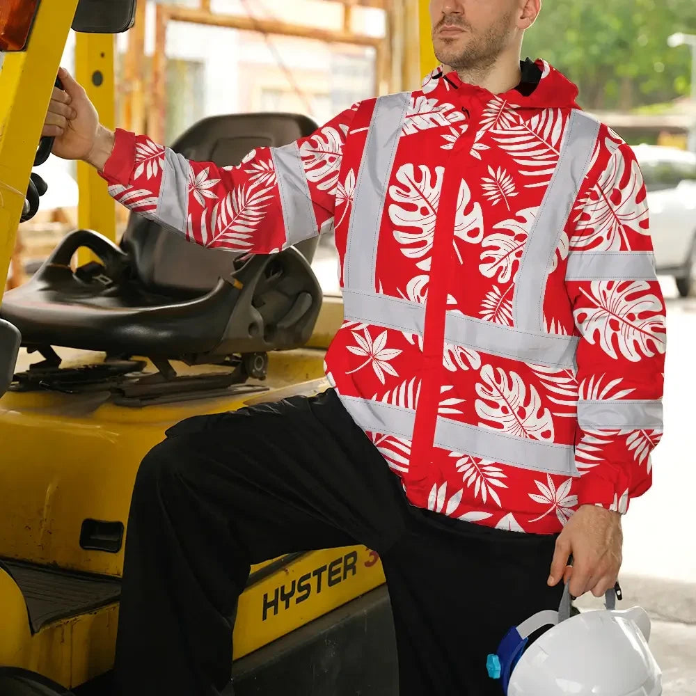 Hi Vis Jacket Waterproof Reflective Tapes Red Neon Flowers Custom Name Safety Workwear For Workers, Truckers, Operators