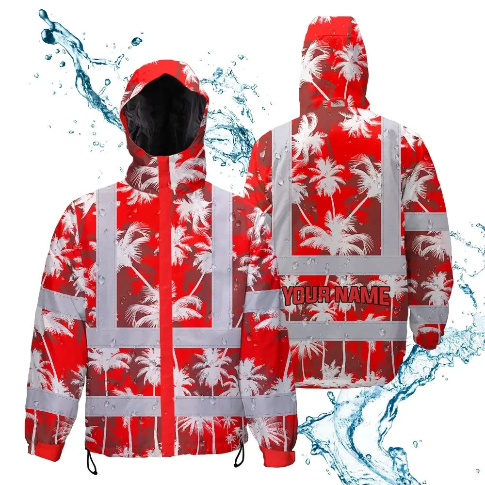Red Neon Flowers Hi-Vis Waterproof Jacket