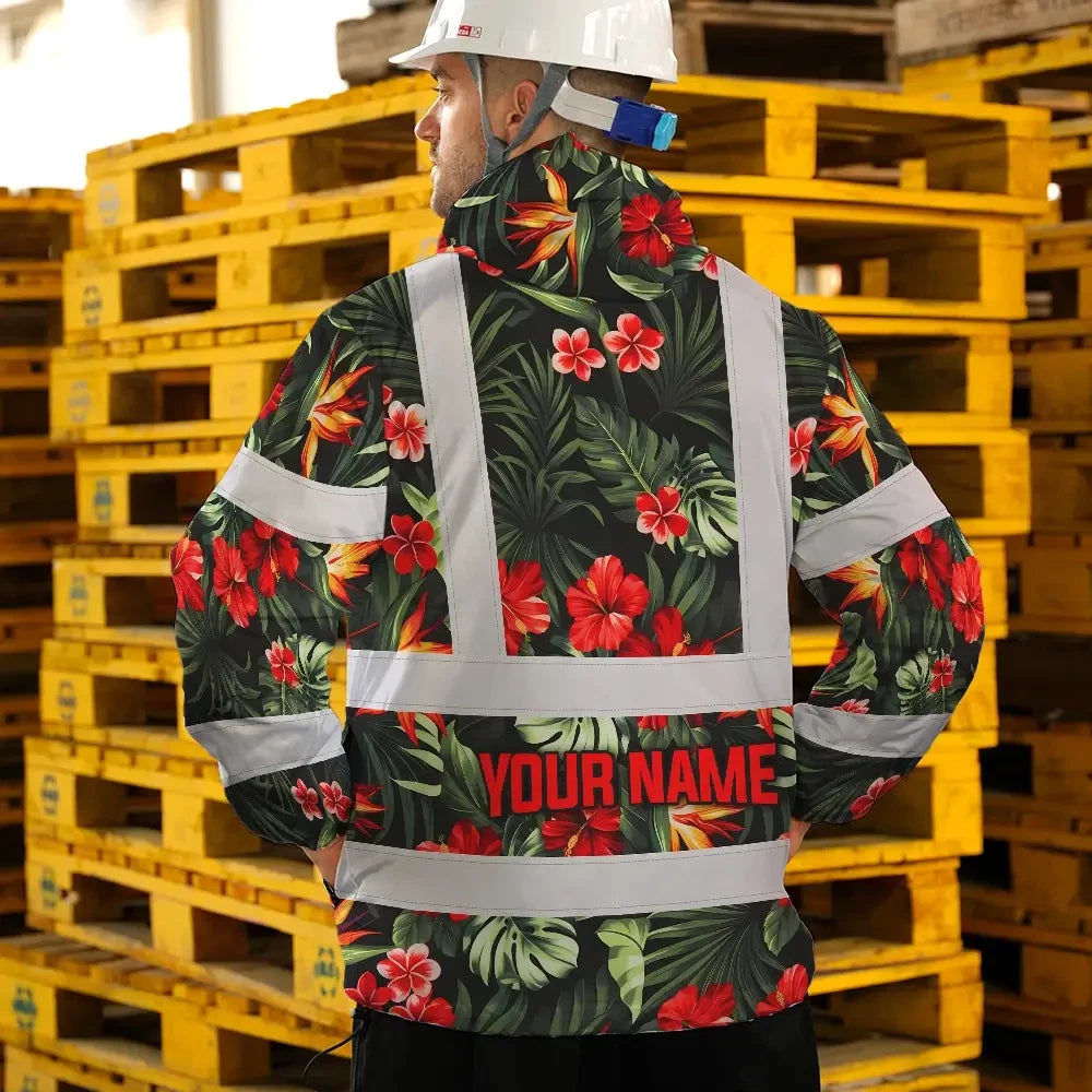 Hi Vis Jacket Waterproof Reflective Tapes Red Neon Flowers Custom Name Safety Workwear For Workers, Truckers, Operators