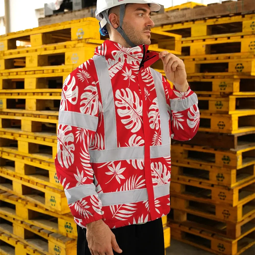 Hi Vis Jacket Waterproof Reflective Tapes Red Neon Flowers Custom Name Safety Workwear For Workers, Truckers, Operators