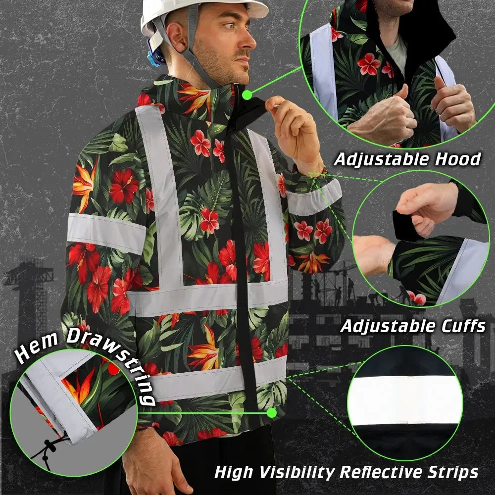 Hi Vis Jacket Waterproof Reflective Tapes Red Neon Flowers Custom Name Safety Workwear For Workers, Truckers, Operators
