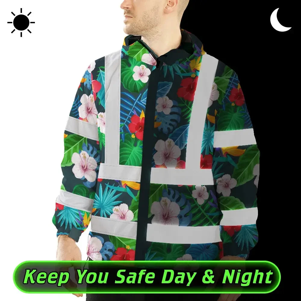 Hi Vis Jacket Waterproof Reflective Tapes Red Neon Pink Flowers Custom Name Safety Workwear For Workers, Truckers, Operators