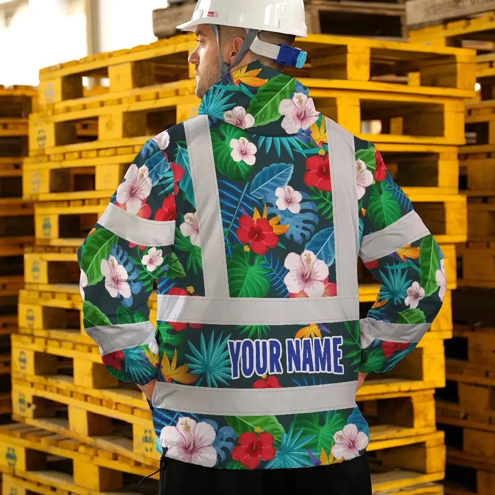 Hi Vis Jacket Waterproof Reflective Tapes Red Neon Pink Flowers Custom Name Safety Workwear For Workers, Truckers, Operators
