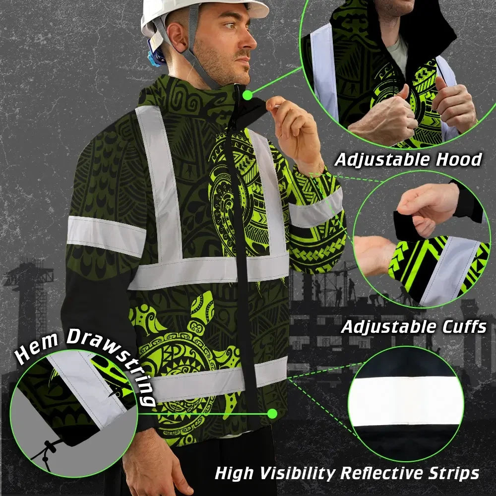 Hi Vis Jacket Waterproof Reflective Tapes Sea Turtle Hawaiian Polynesian Tribal Custom Name Safety Workwear For Workers, Truckers, Operators