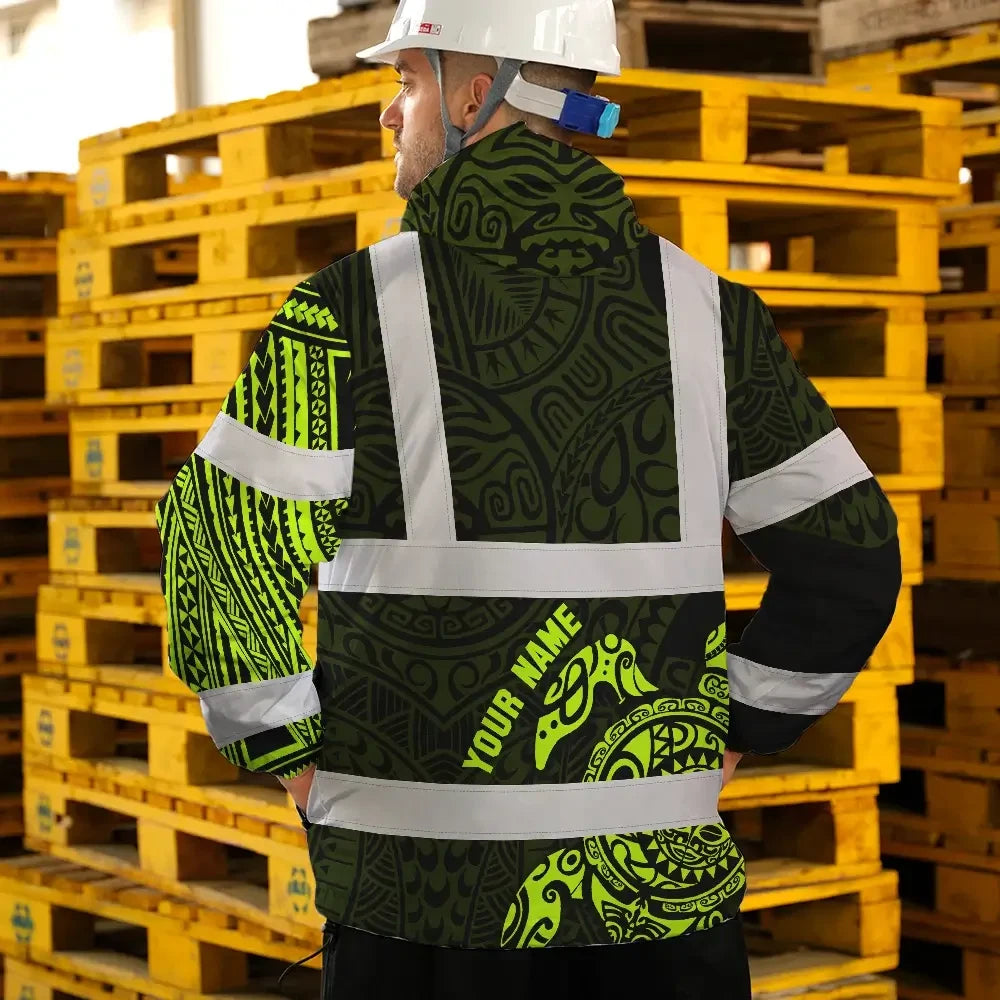 Hi Vis Jacket Waterproof Reflective Tapes Sea Turtle Hawaiian Polynesian Tribal Custom Name Safety Workwear For Workers, Truckers, Operators