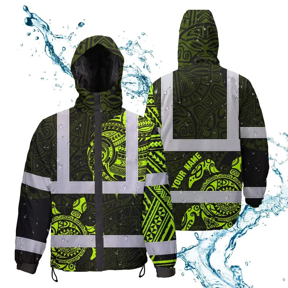 Hi Vis Jacket Waterproof Reflective Tapes Sea Turtle Hawaiian Polynesian Tribal Custom Name Safety Workwear For Workers, Truckers, Operators