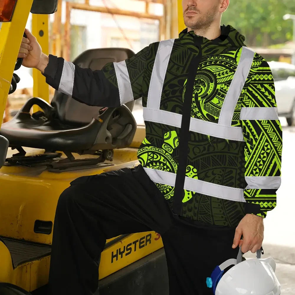 Hi Vis Jacket Waterproof Reflective Tapes Sea Turtle Hawaiian Polynesian Tribal Custom Name Safety Workwear For Workers, Truckers, Operators