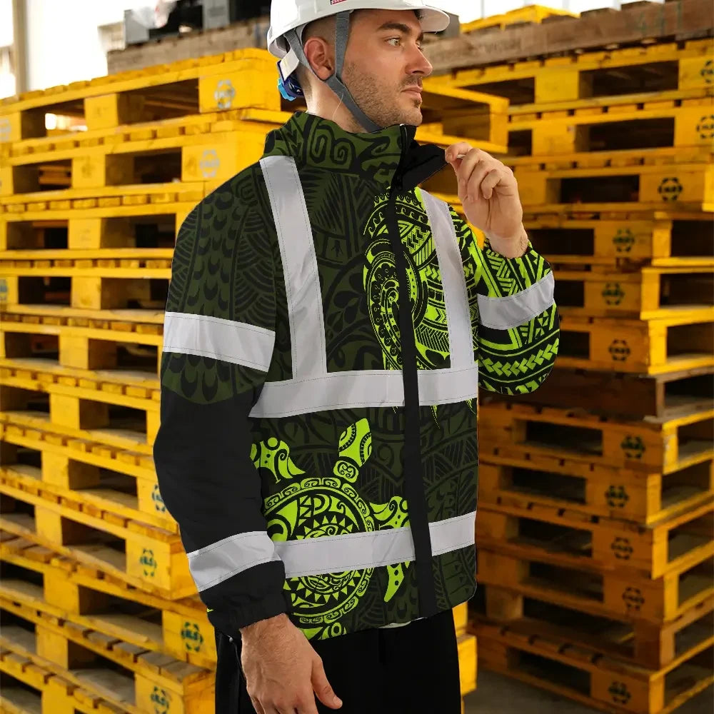 Hi Vis Jacket Waterproof Reflective Tapes Sea Turtle Hawaiian Polynesian Tribal Custom Name Safety Workwear For Workers, Truckers, Operators