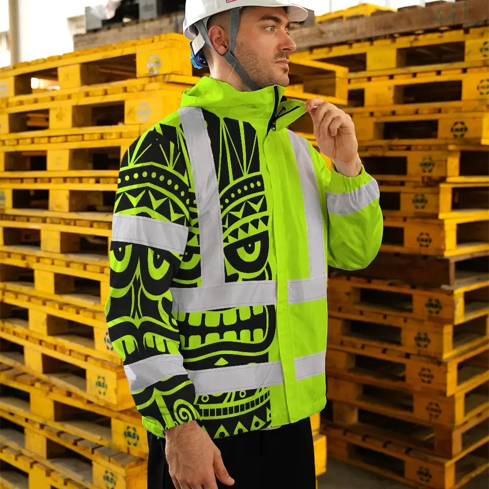 Hi Vis Jacket Waterproof Reflective Tapes TiKi Hawaiian Polynesian Tribal Custom Name Safety Workwear For Workers, Truckers, Operators