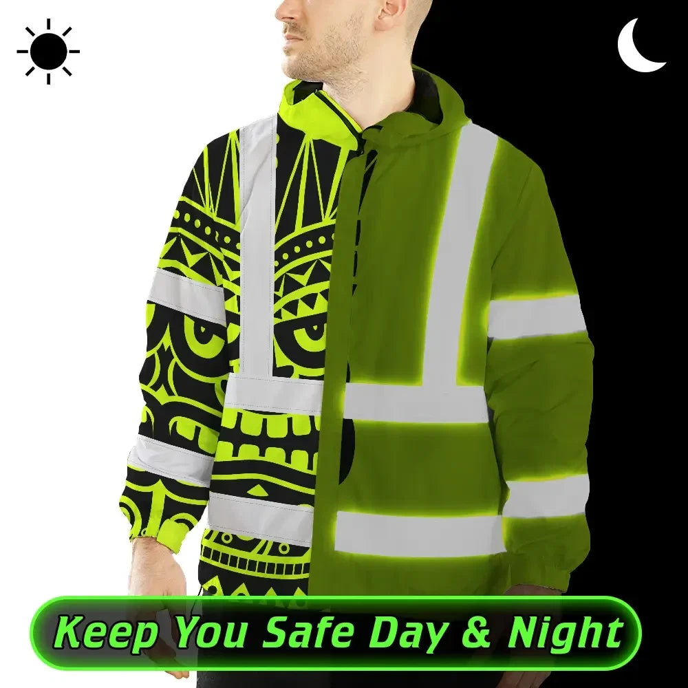 Hi Vis Jacket Waterproof Reflective Tapes TiKi Hawaiian Polynesian Tribal Custom Name Safety Workwear For Workers, Truckers, Operators