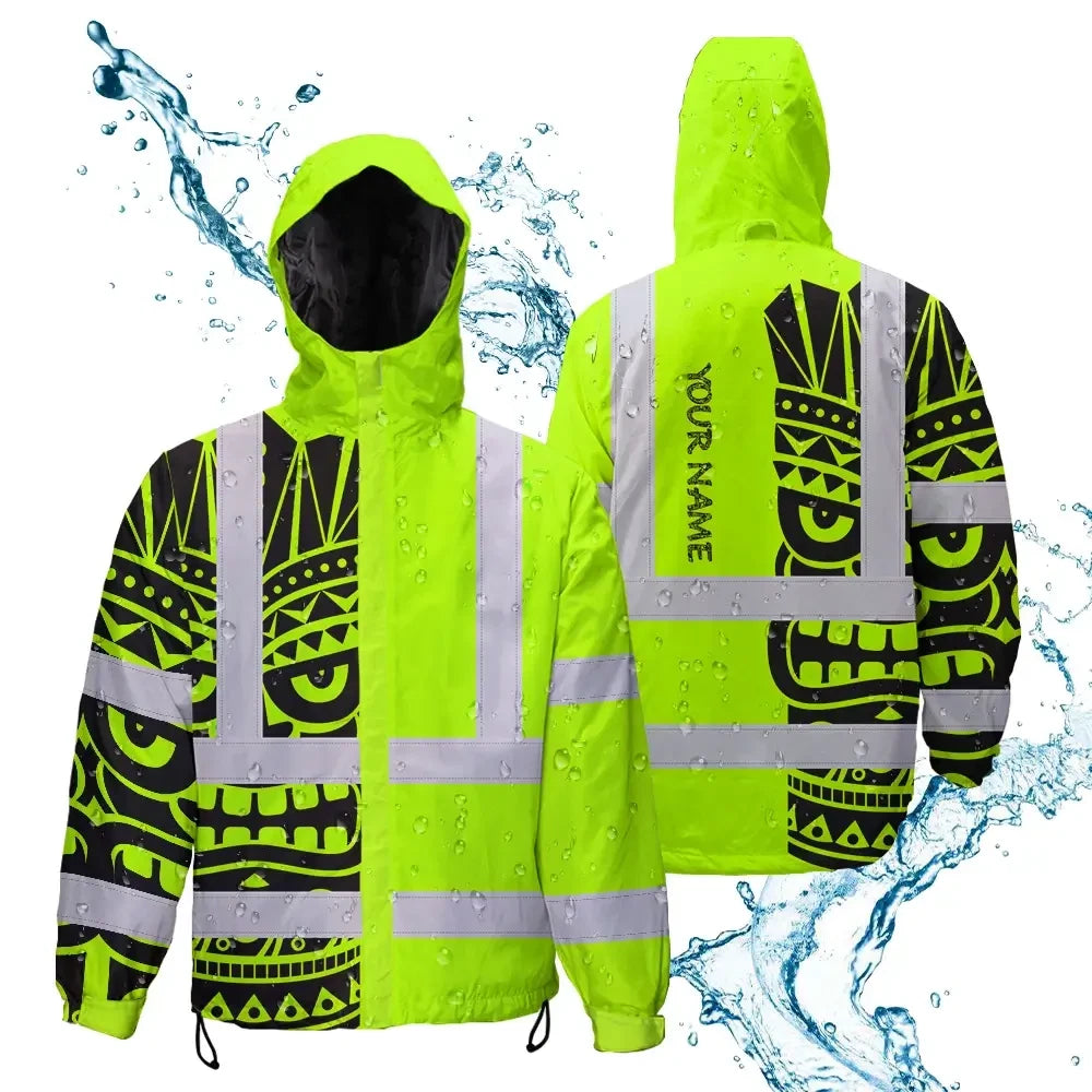 Hi Vis Jacket Waterproof Reflective Tapes TiKi Hawaiian Polynesian Tribal Custom Name Safety Workwear For Workers, Truckers, Operators